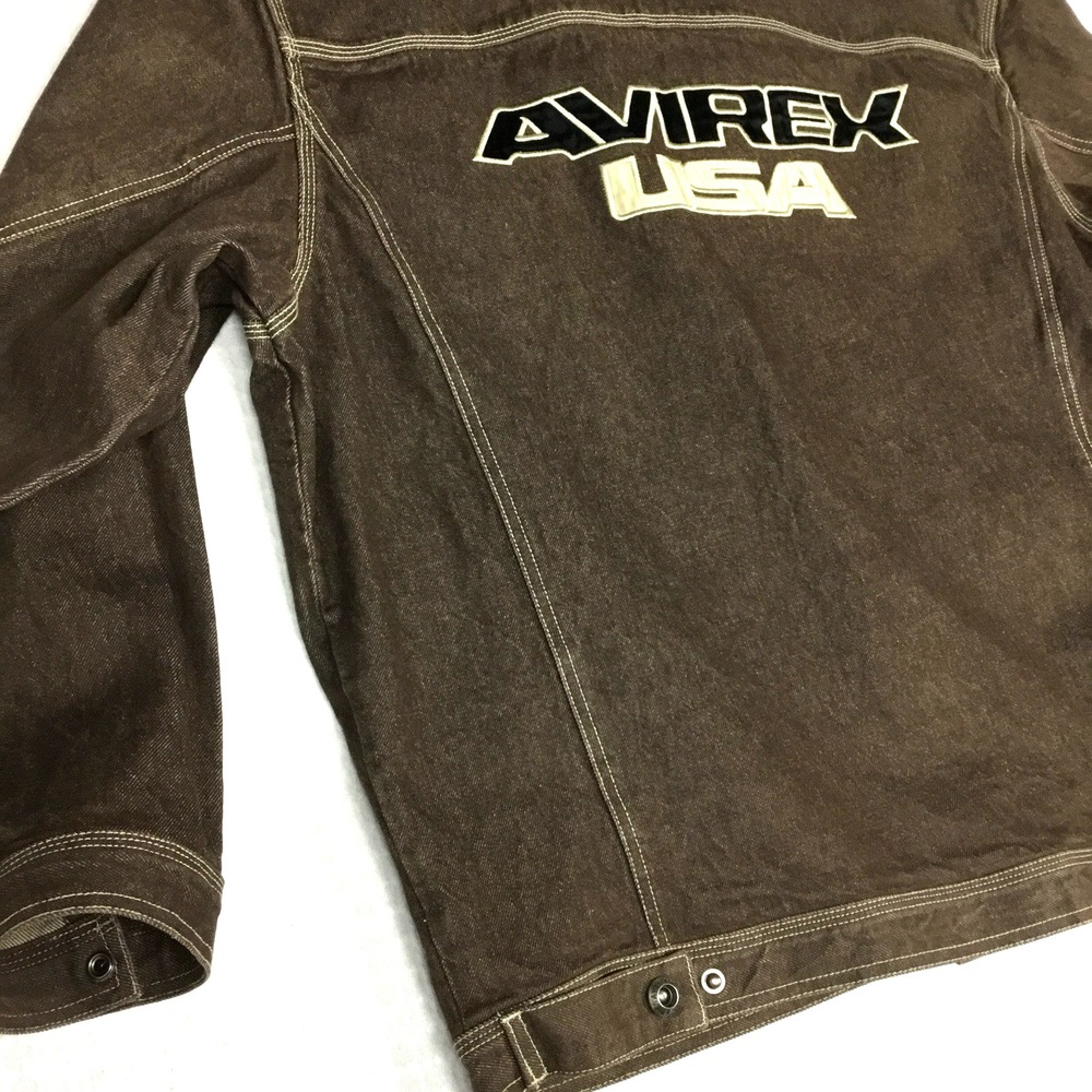 Avirex USA Mens XXL Brown Cotton Denim Trucker Jacket Embroidered Logo Vintage - Picture 4 of 13